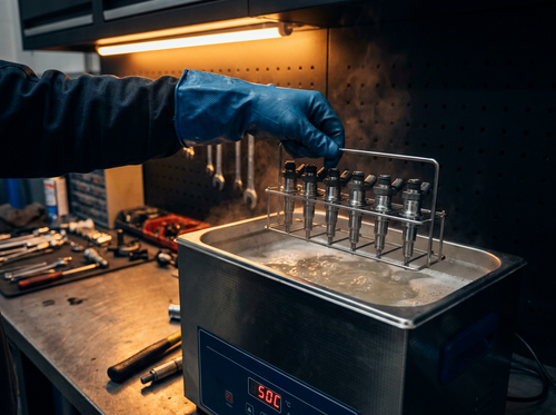 Fuel injectors in an ultrasonic cleaning tank