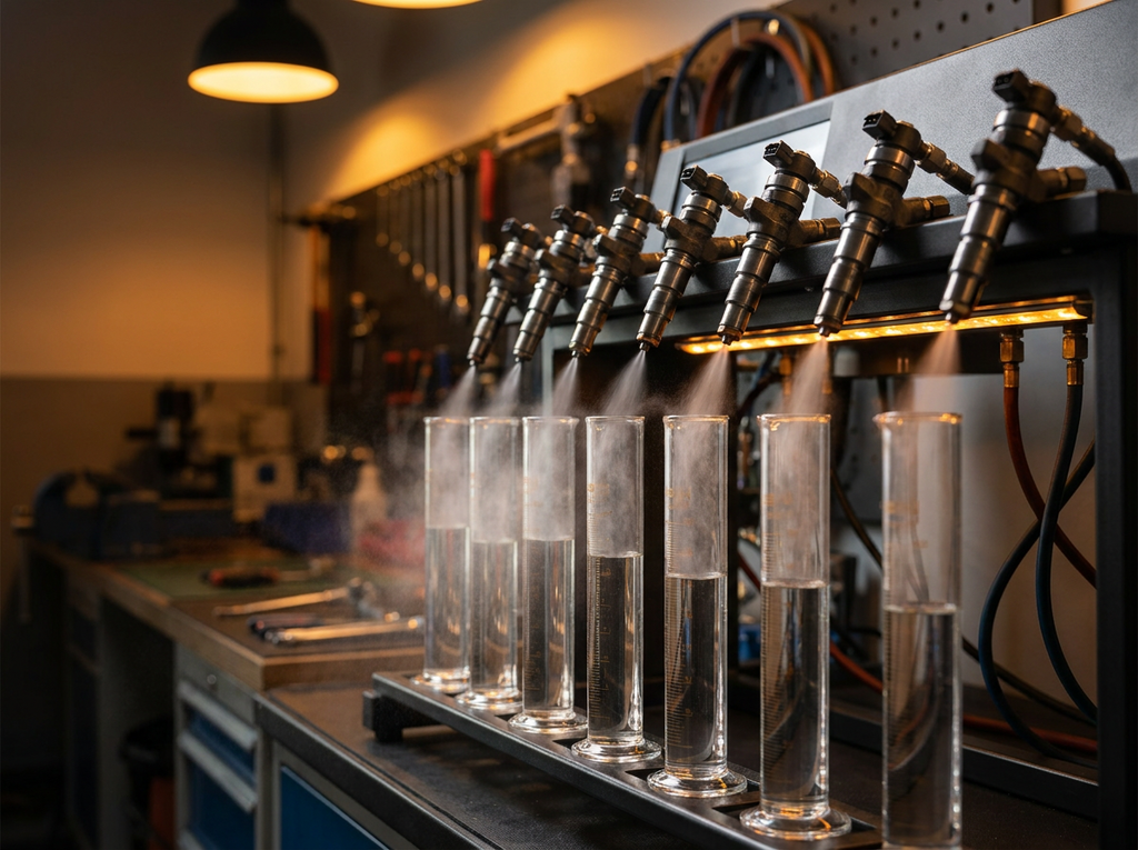 Fuel injectors on a flow test bench